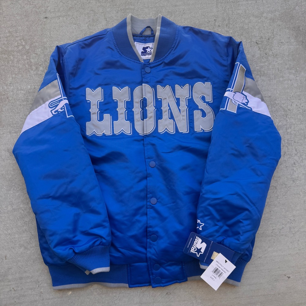 Starter Detroit Lions Jacket Blue Varsity Bomber Snap Front Size L NWT Unworn